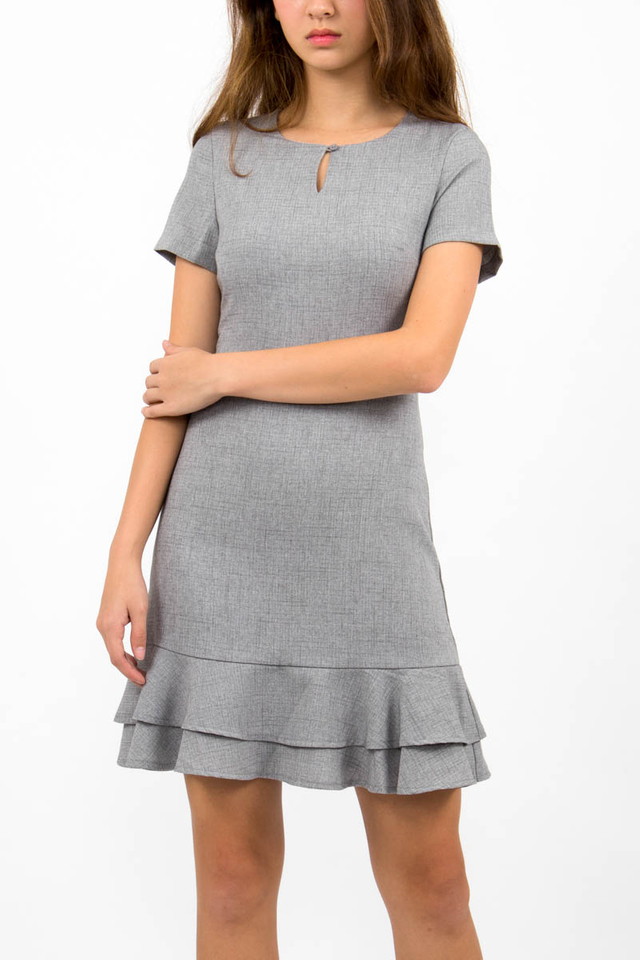 Sienna Flounce Windowpane Dress - Light Grey
