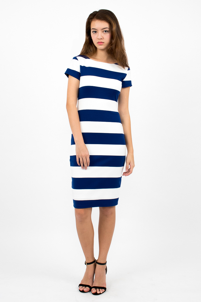 Malgosia Scoop Back Stripe Dress - White/Electric Blue