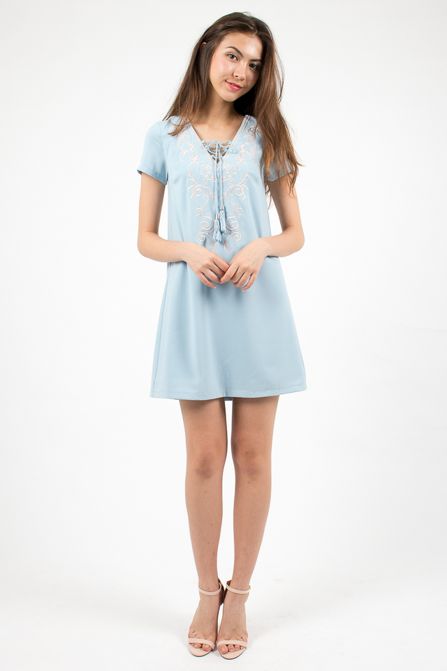 Hannah Embroidery Tee Dress - Sky Blue