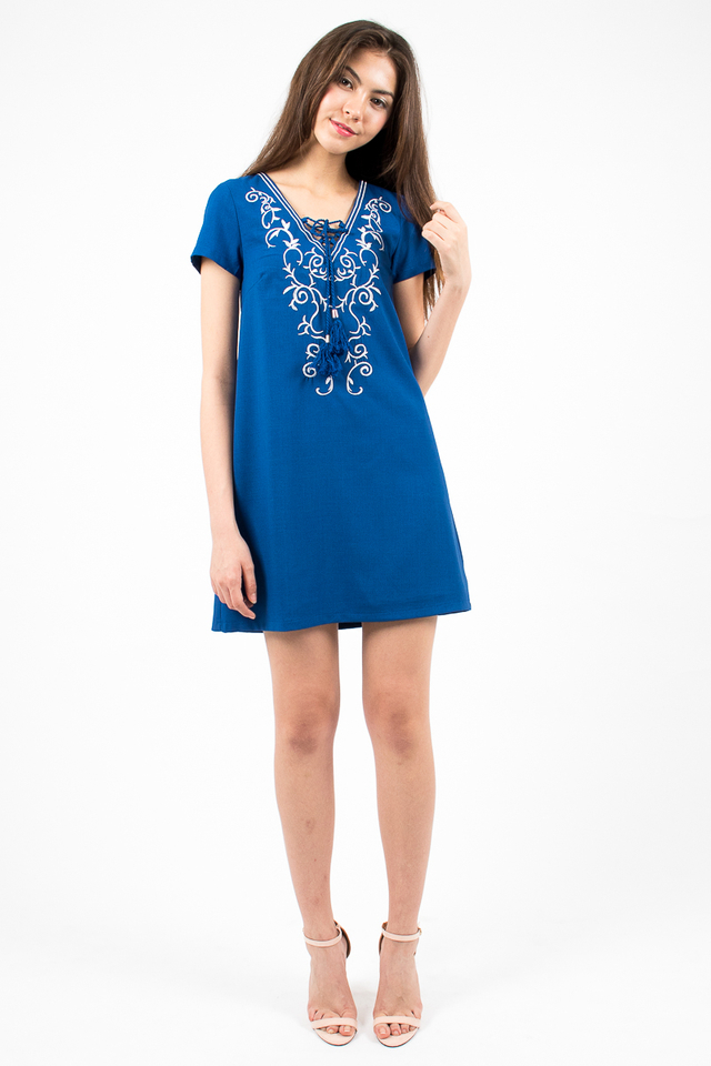 Hannah Embroidery Tee Dress - Royal Blue