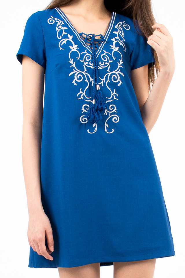 Hannah Embroidery Tee Dress - Royal Blue