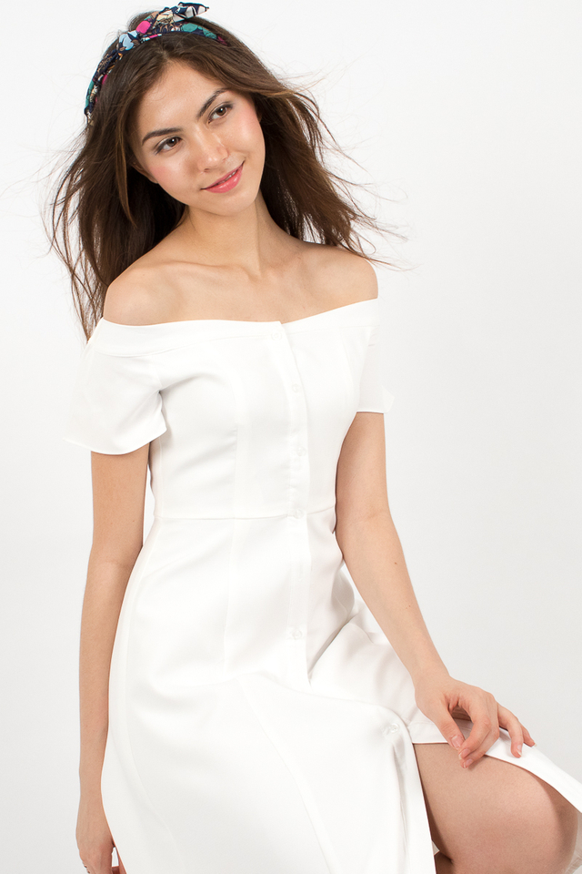 Heidi Off-Shoulder Button Midi Dress - White